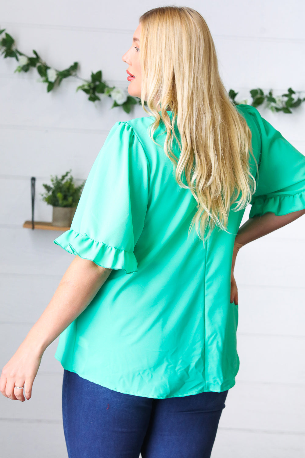 Turquoise Bell Sleeve V Neck Crepe Top