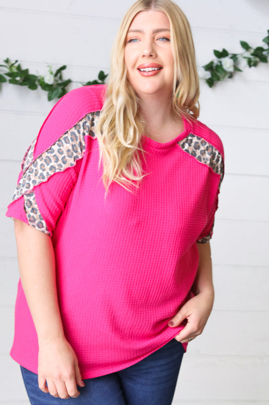 French Rose Waffle Leopard Cross Detail Reverse Stitch Top