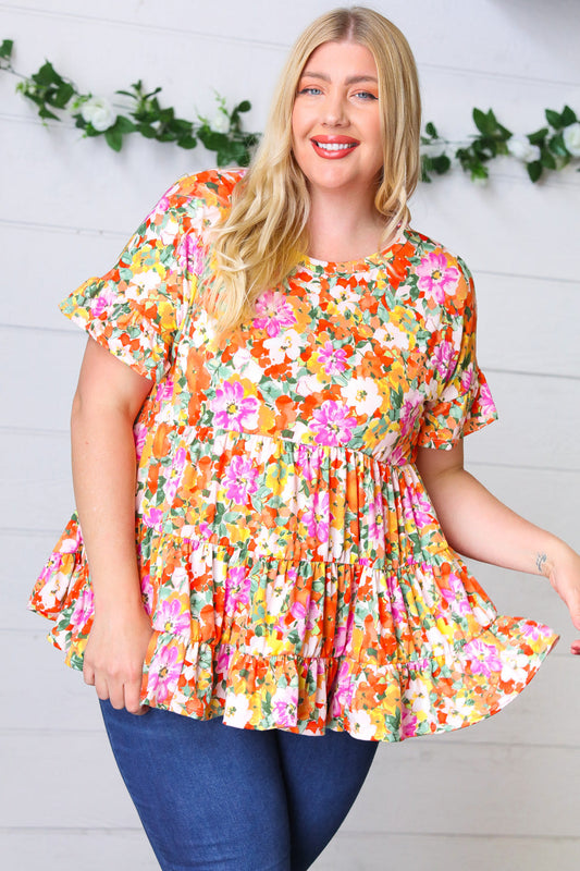 Peach/Green Floral Frill Ruffle Hem Tiered Swing Top