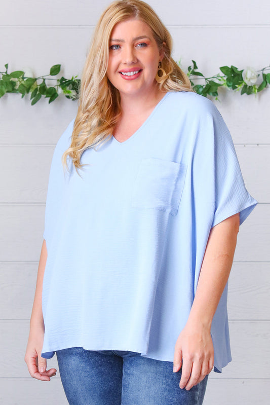 Baby Blue Woven V Neck Dolman Short Sleeve Top