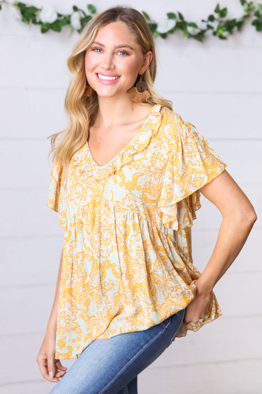 Sunset Yellow Boho Ruffle Woven Top