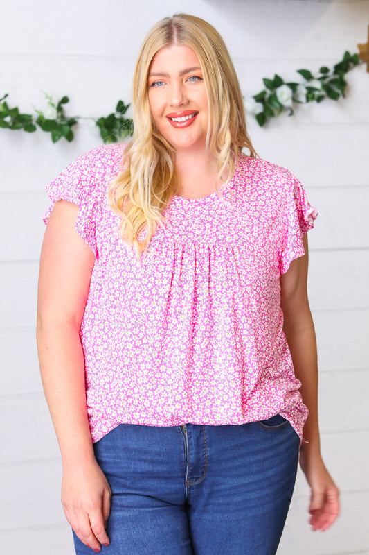Magenta Floral Yoke Ruffle Short Sleeve Top