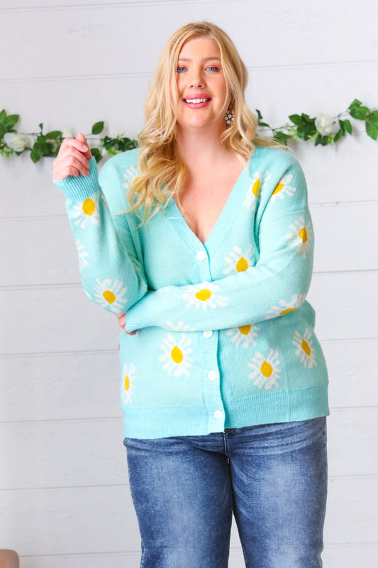 Mint Daisy Floral Button-Down Cardigan