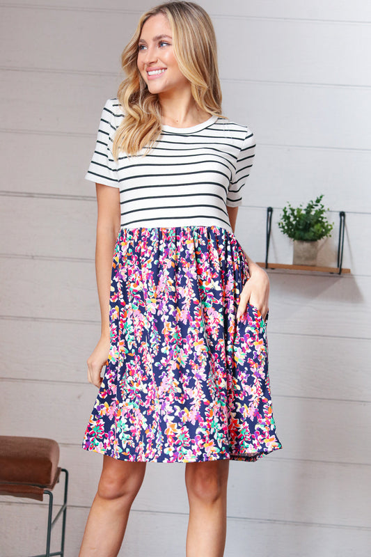 Two Fer Stripe & Multicolor Floral Color Block Dress