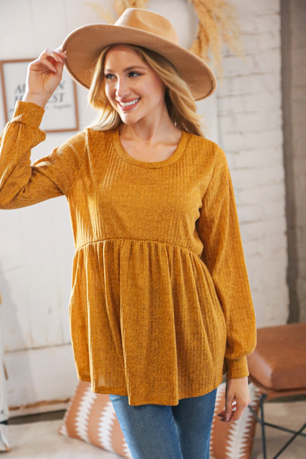 Mustard Rib Babydoll Bubble Sleeve Top