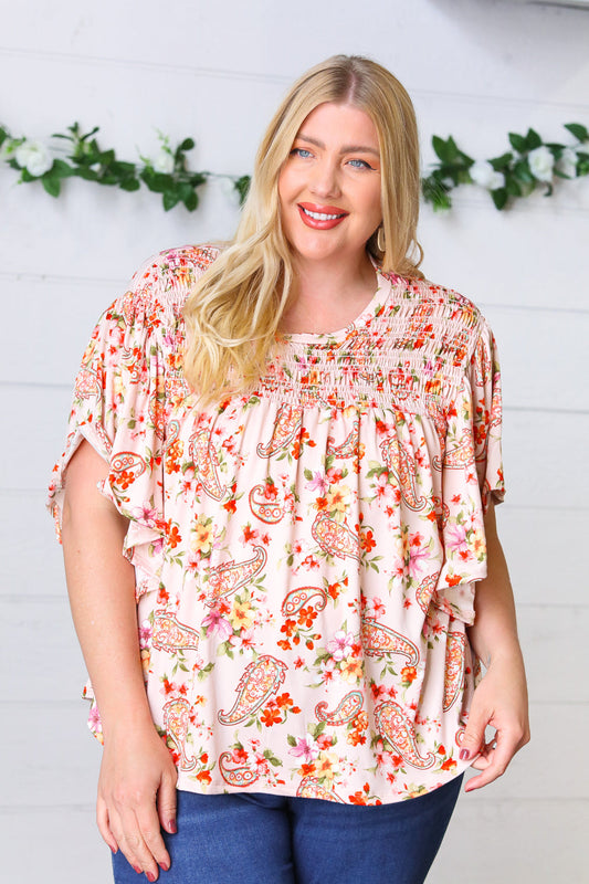 Blush Paisley & Floral Smocked Flutter Sleeve Top