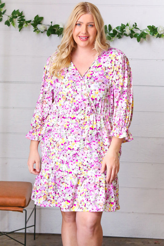 Lavender Floral Surplice Neck Ruffle Dress