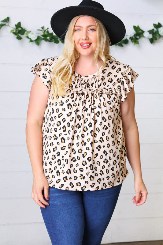 Leopard Frilled Short Sleeve Yoke Top