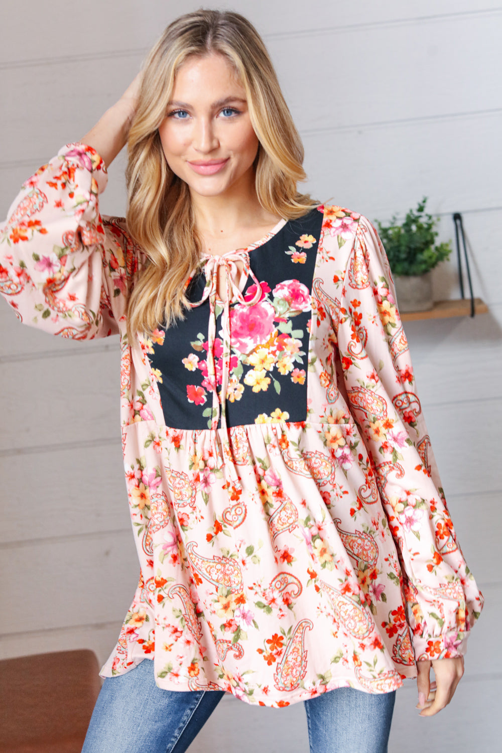 Pink Floral & Paisley Colorblock Front Tie Top