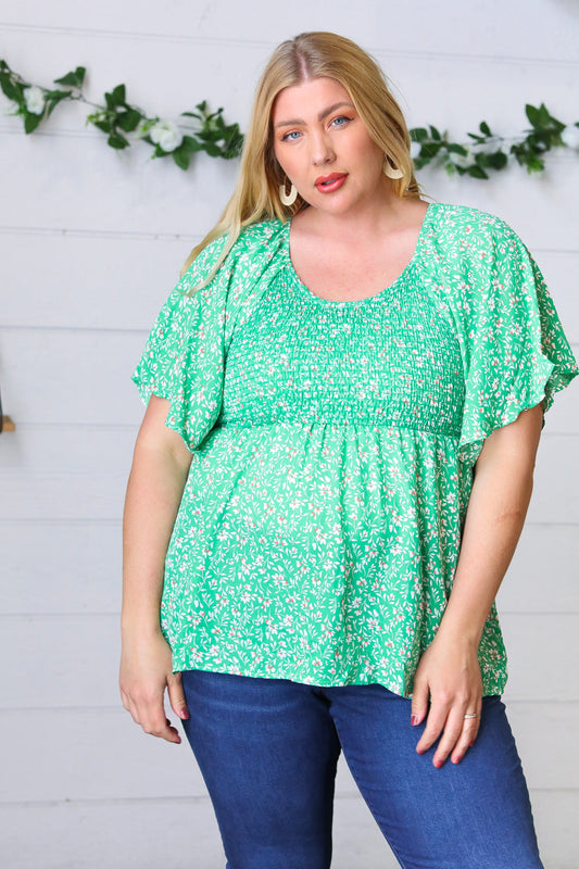 Green Floral Smocked Flutter Sleeve Top