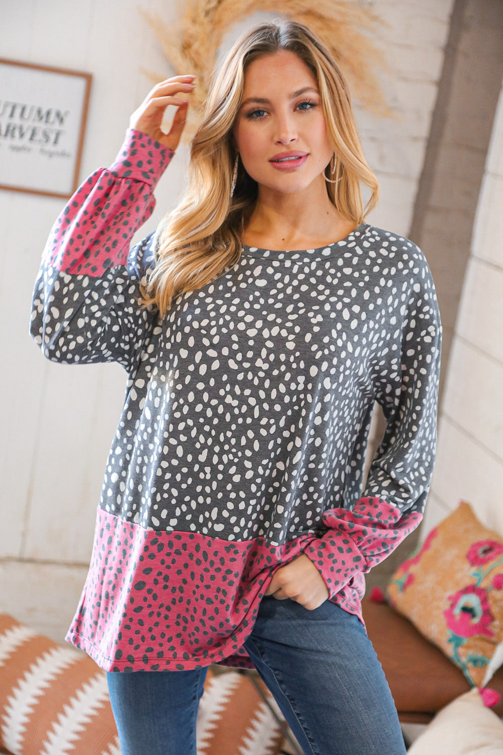 Grey & Berry Spotted Leopard Terry Color Block Top