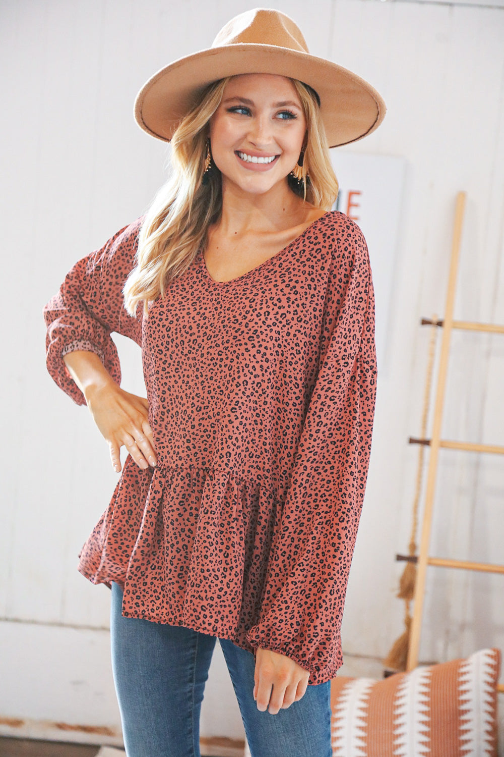 Terracotta Animal Print Wool Dobby V Neck Top