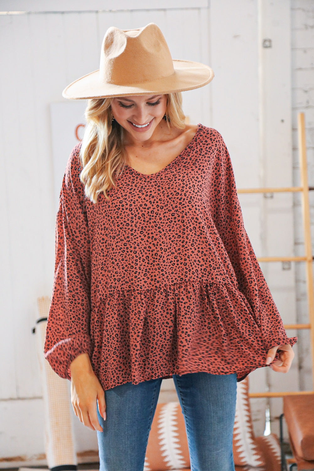 Terracotta Animal Print Wool Dobby V Neck Top