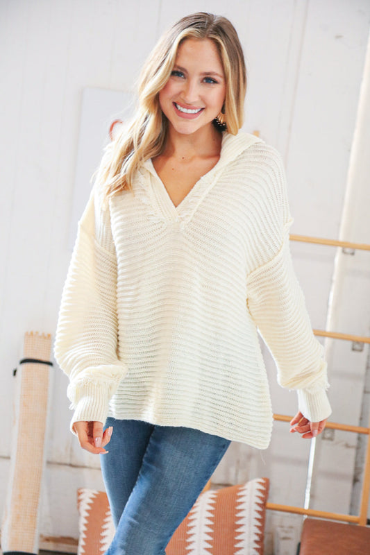 Winter White V Neck Oversize Collar Sweater Pullover
