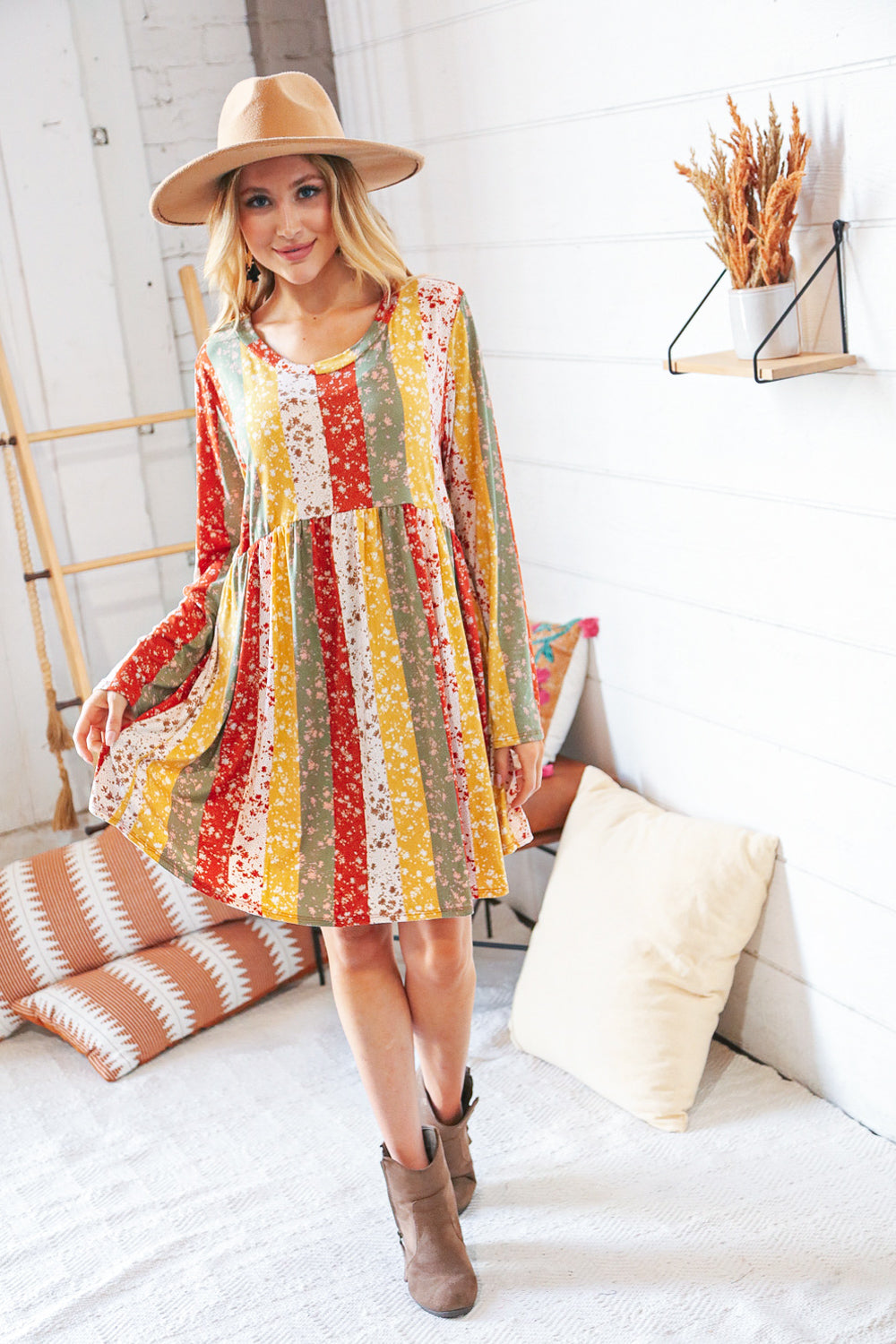 Yellow/Sage Floral Patchwork Long Sleeve Babydoll Dress