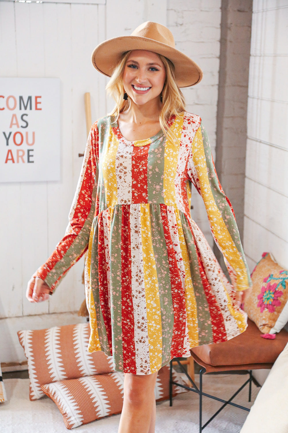 Yellow/Sage Floral Patchwork Long Sleeve Babydoll Dress