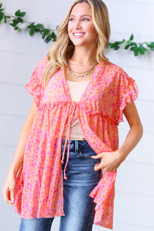 Peach & Lavender Floral Sheer Tie Top