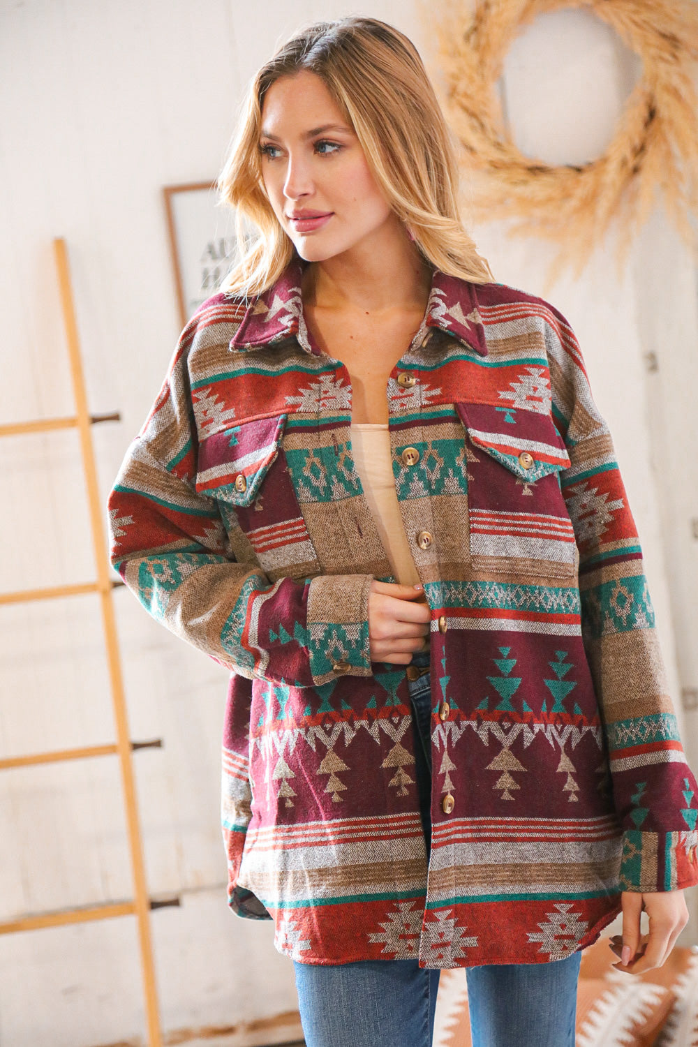 Holiday Aztec Flannel Button Down Pocketed Shacket