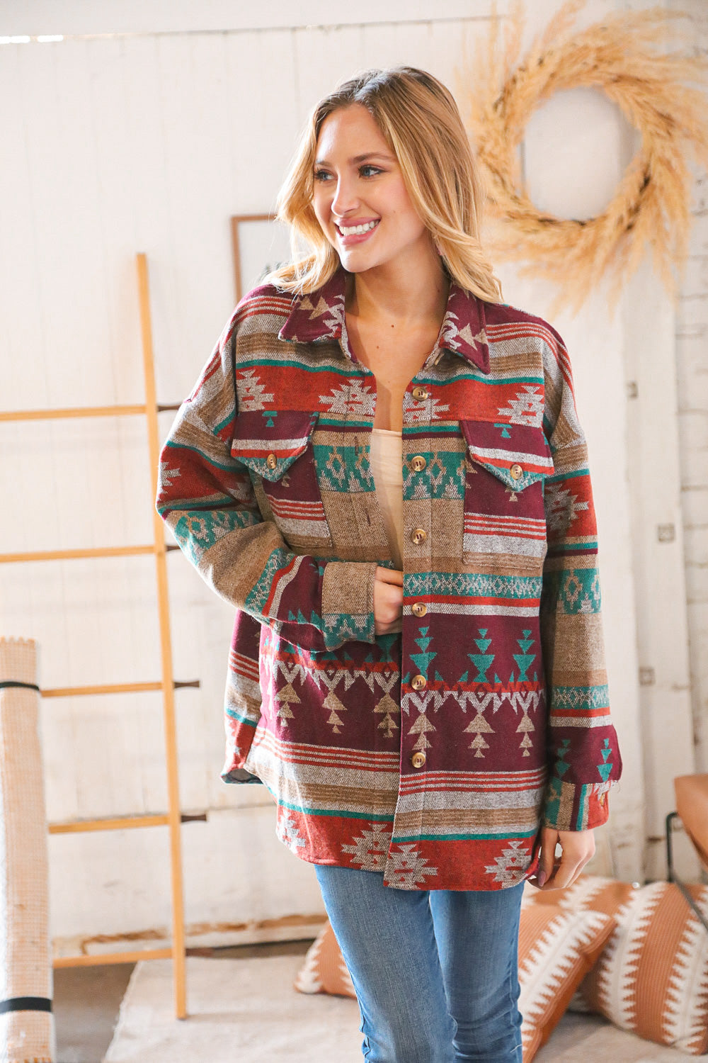 Holiday Aztec Flannel Button Down Pocketed Shacket
