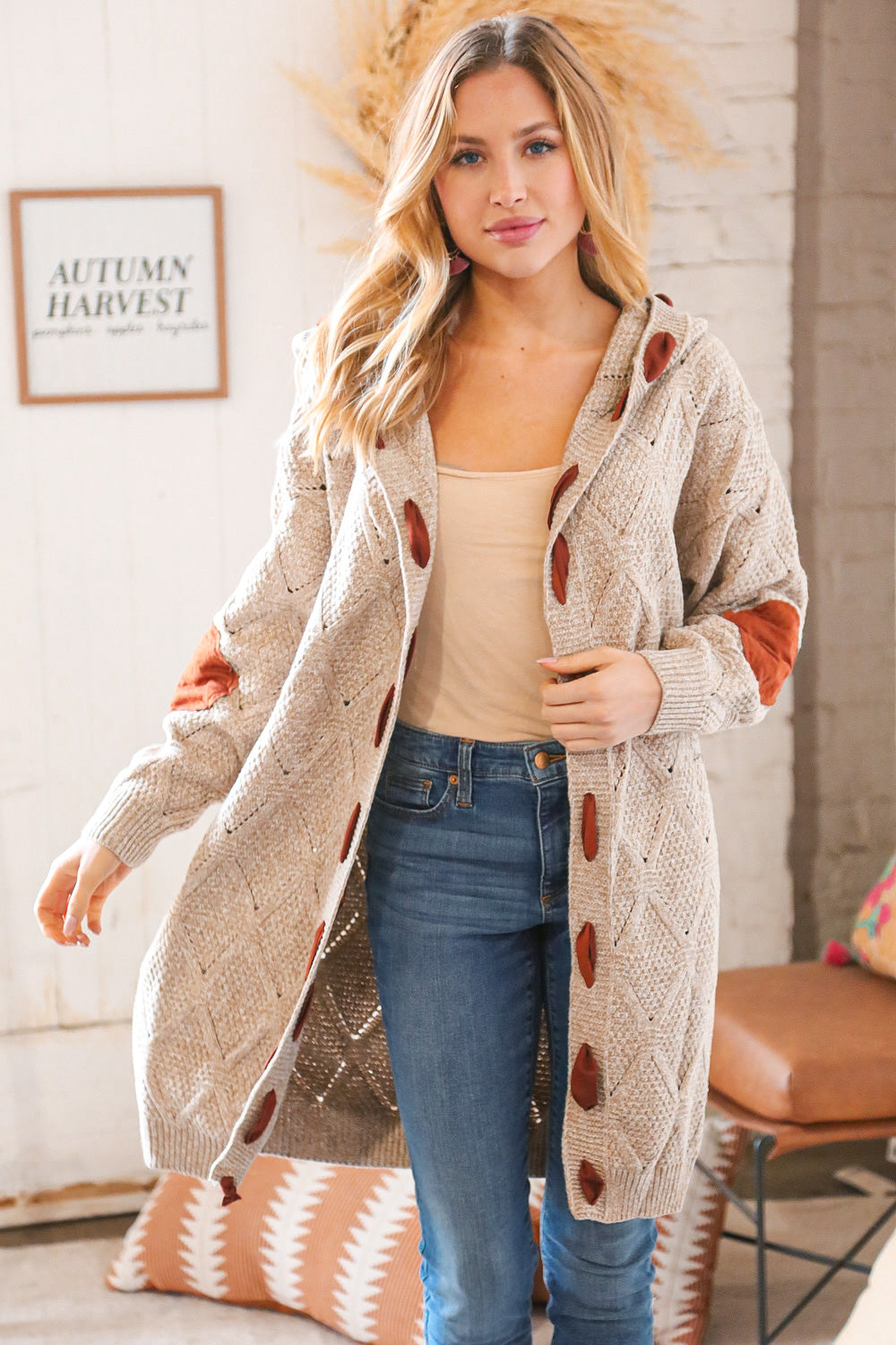 Taupe Cable Knit Elbow Patch & Ribbon Cardigan Hoodie