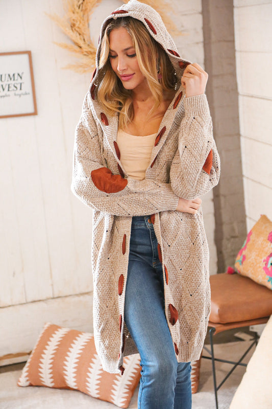 Taupe Cable Knit Elbow Patch & Ribbon Cardigan Hoodie
