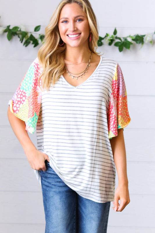 Multicolor Floral Patchwork Bell Sleeve Striped Top