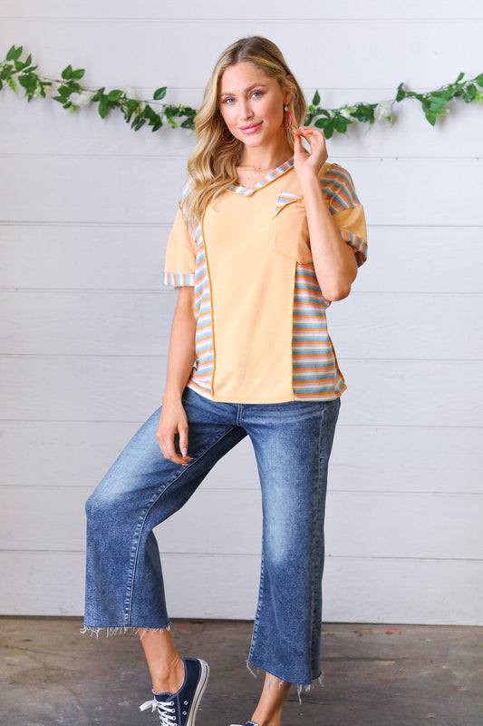 Sunrise Terry V Neck Stripe Color Block Outseam Top