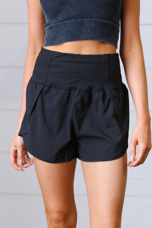 Black High Waist Zipper Back Pocket Running Shorts