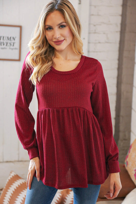 Wine Rib Babydoll Bubble Sleeve Top