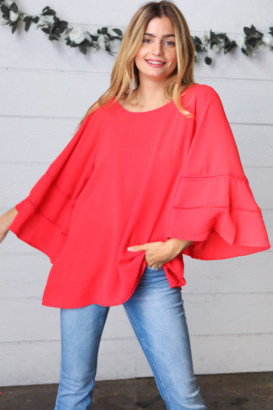 Candy Apple Crepe Back Tie Strap Crochet Bell Sleeve Blouse