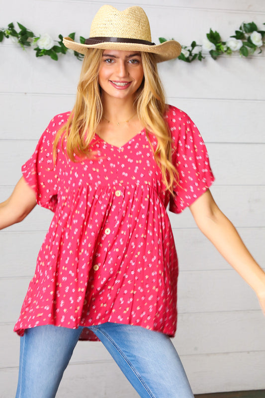 Fuchsia Floral Babydoll Button Down Woven Top