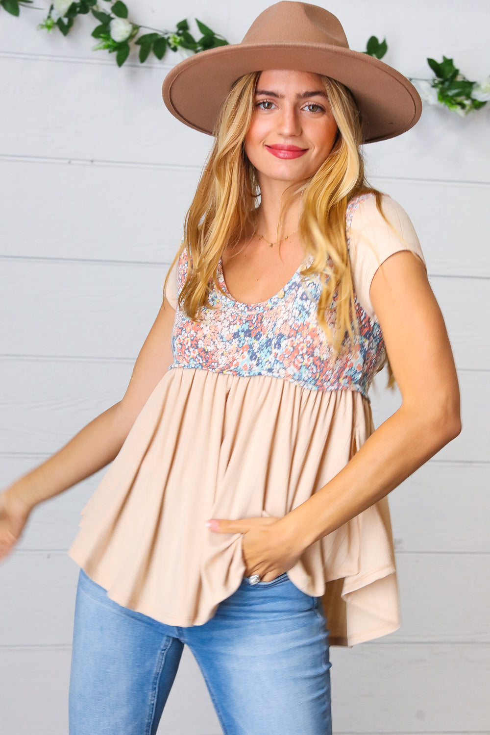 Sand Floral Rib Knit V Neck Babydoll Top