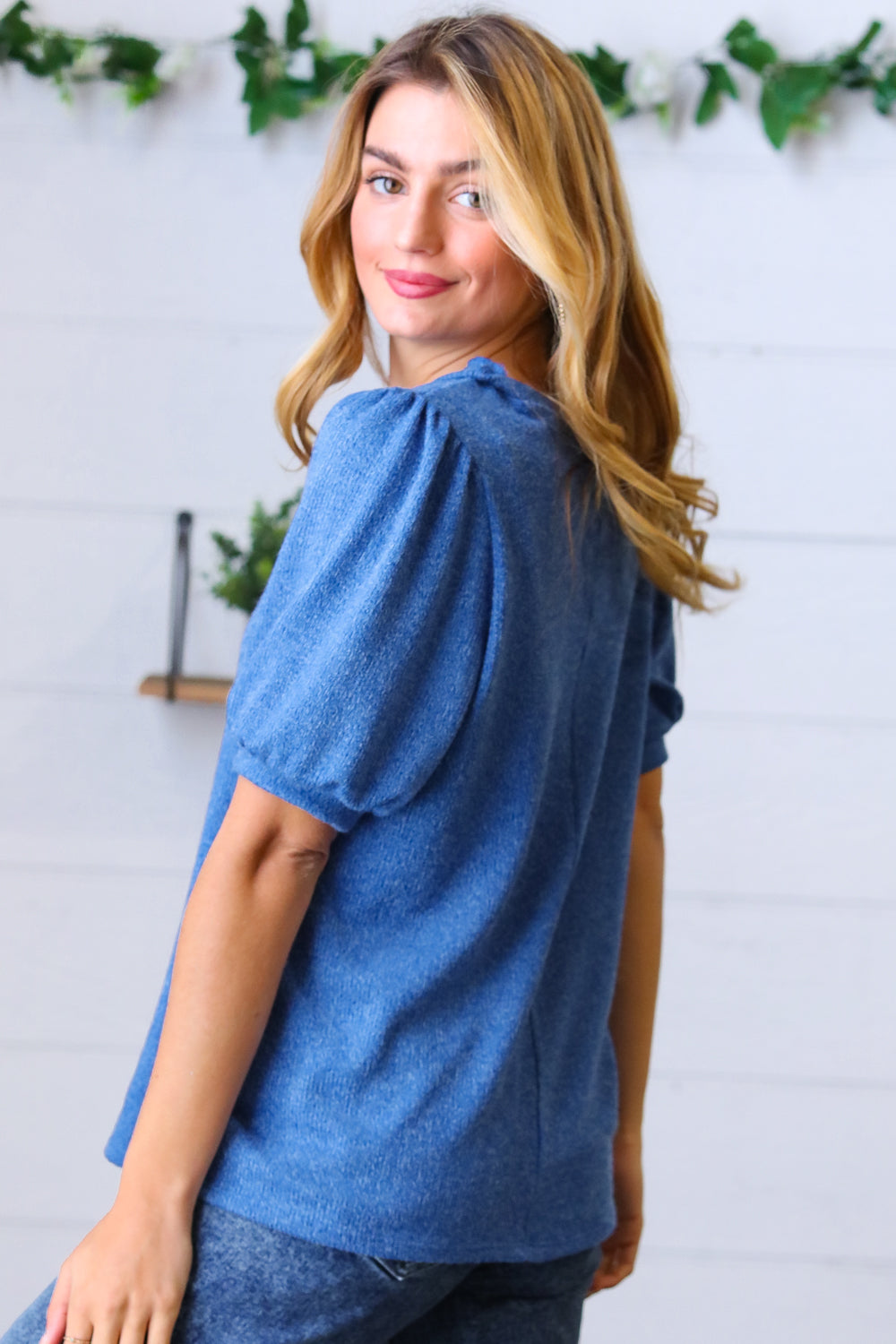 Azure Blue Puff Sleeve Two Tone Sweater Top