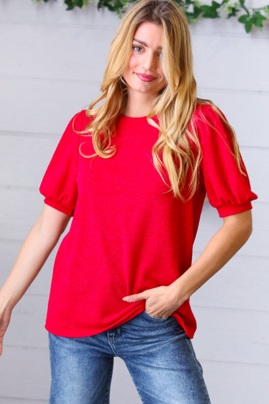 Candy Red Puff Sleeve Two-Tone Sweater Top