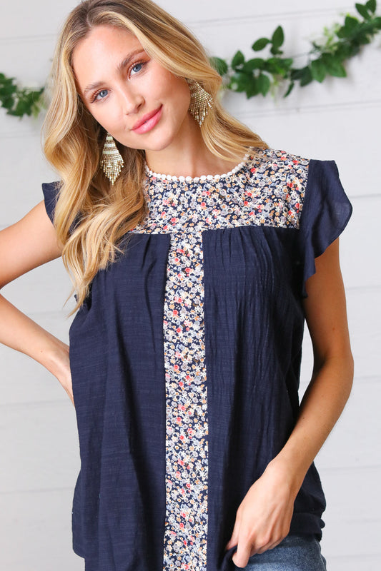 Navy Floral Embroidered Flutter Sleeve Top