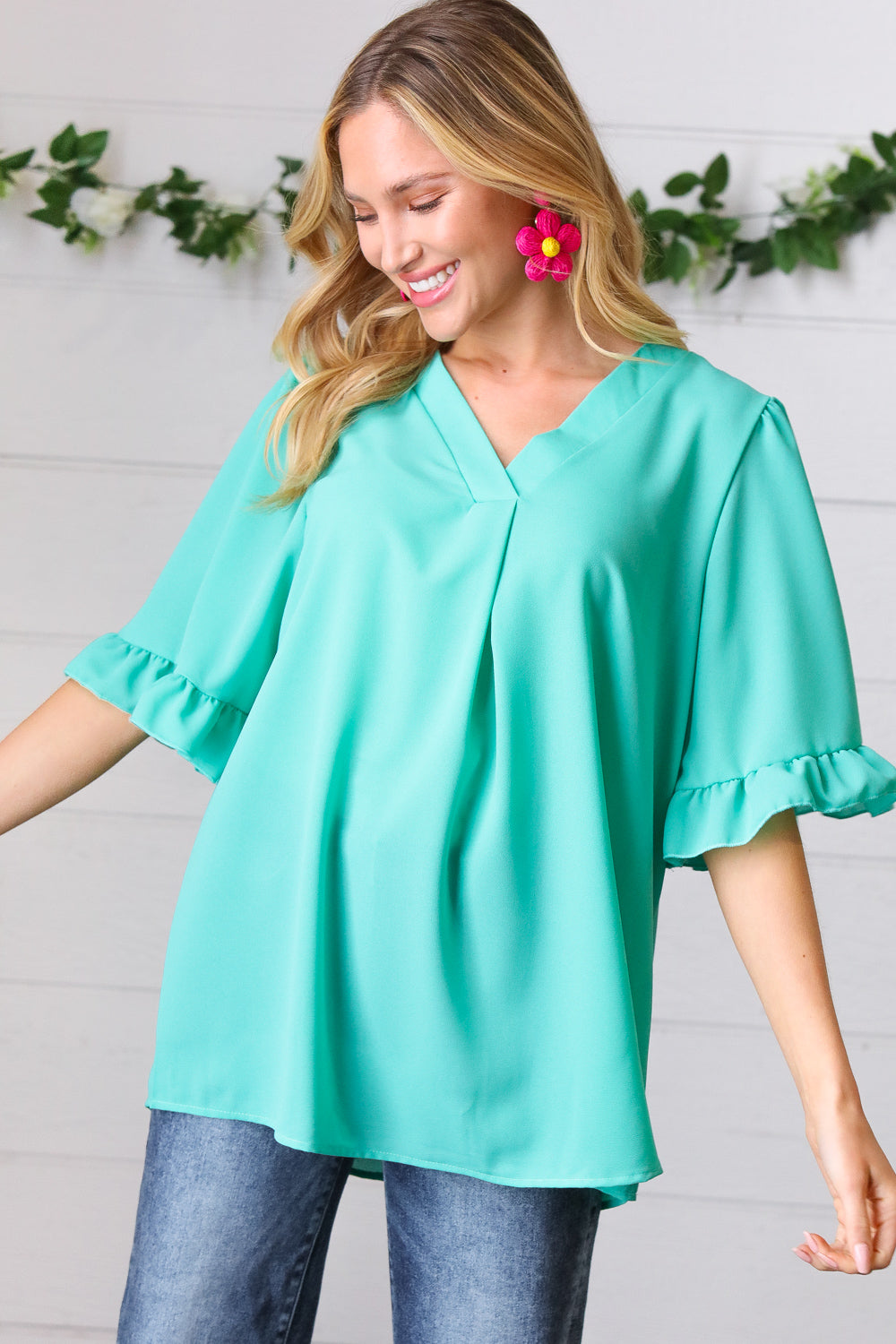 Turquoise Bell Sleeve V Neck Crepe Top
