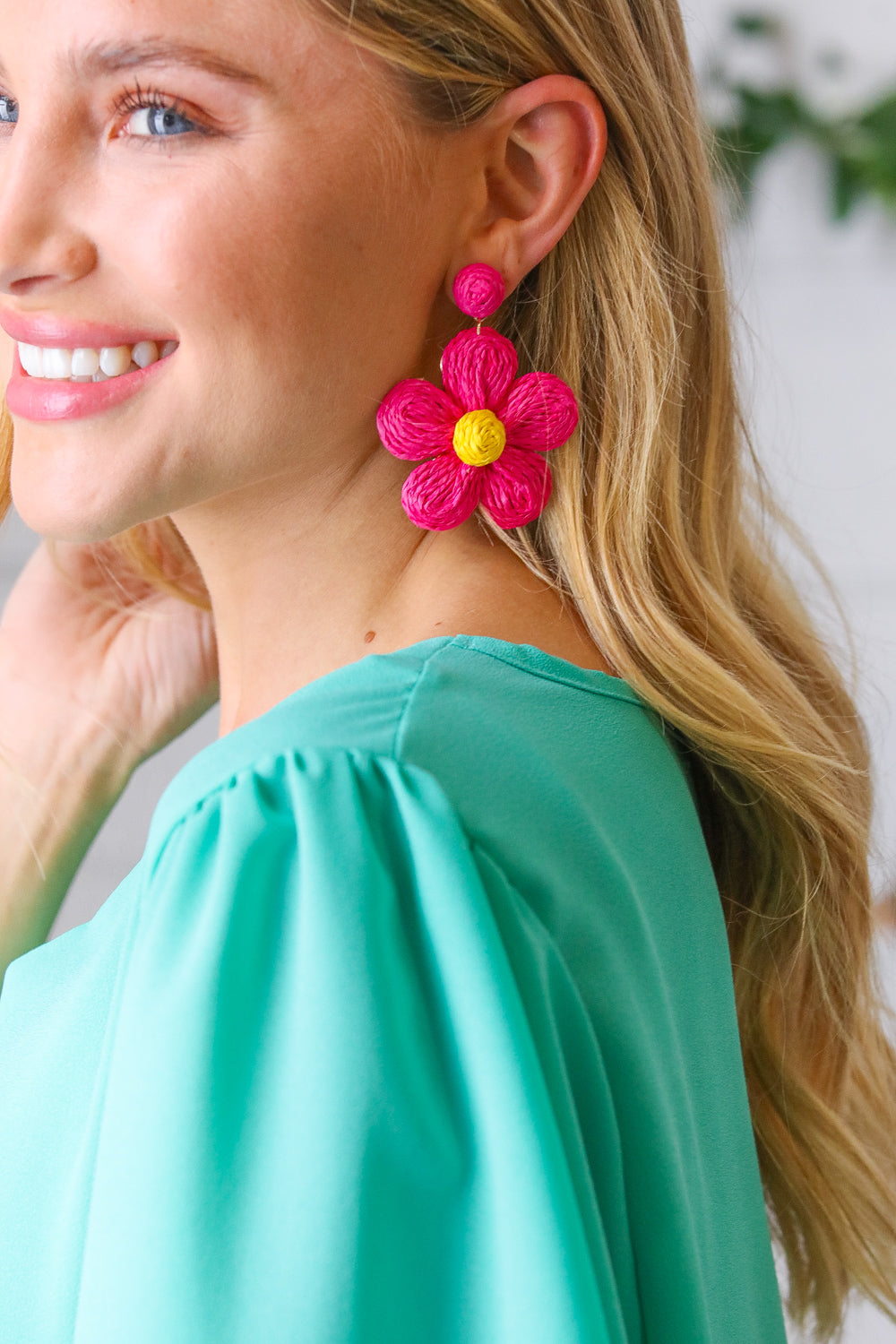 Fuchsia Handwoven Straw Flower Dangle Earrings