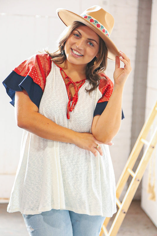 Boho Cinnamon Navy Front Tie Flutter Sleeve Top