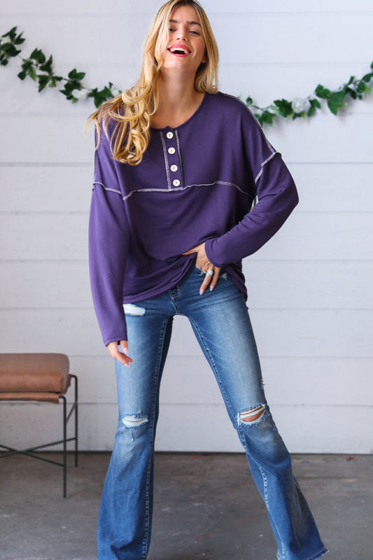 Purple Button Down Terry Outseam Top