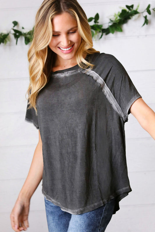 Washed Black Raw Edge Short Sleeve Top