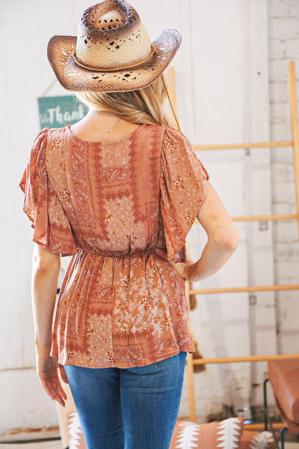 Brown Boho Floral Baby Doll Peplum Woven Blouse