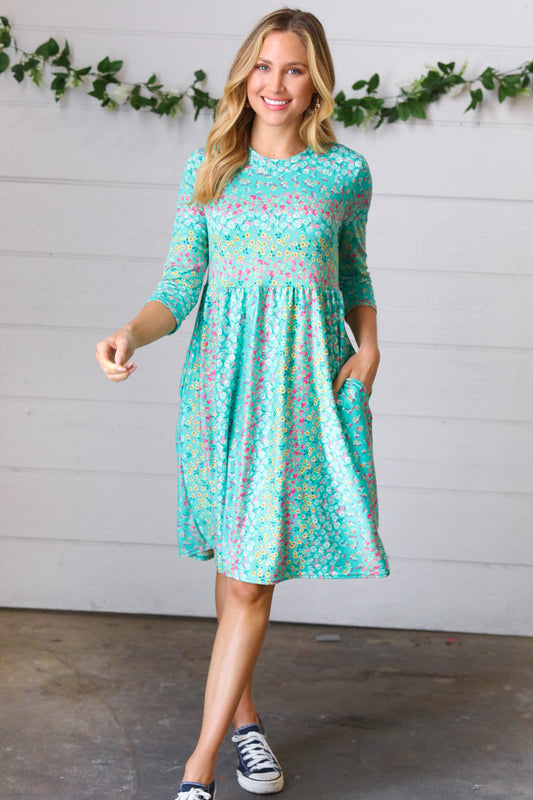 Teal Fit & Flare Midi Pocketed Dress