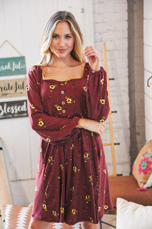 Burgundy Floral Square Neck Button Babydoll Dress