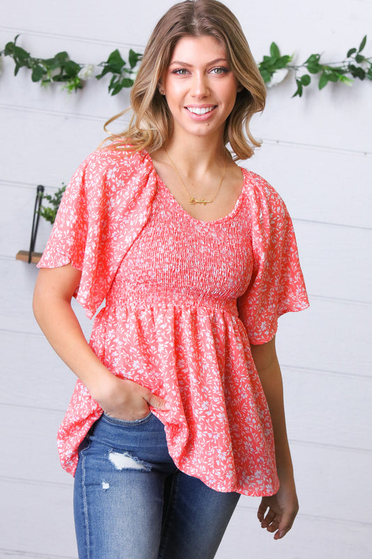 Peach Floral Smocked Flutter Sleeve Top