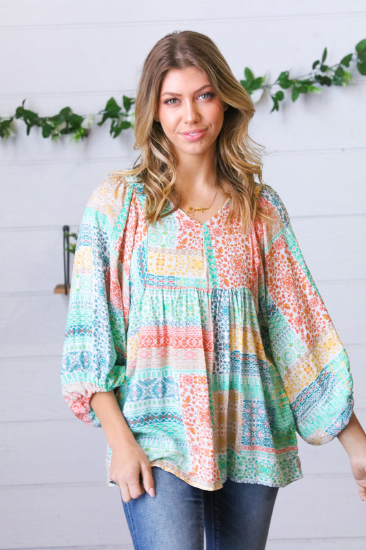 Aqua Boho Patchwork V Neck Woven Top