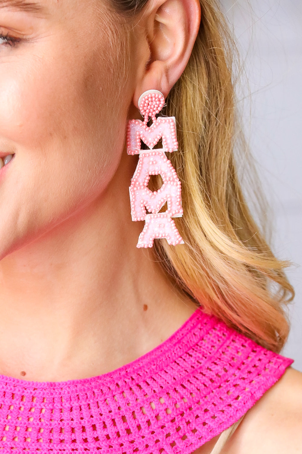 Pink Beaded MAMA Dangle Earrings