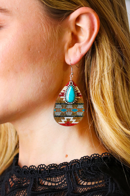 Western Brn/Burgundy Boho Stone & Wood Pendant Earrings