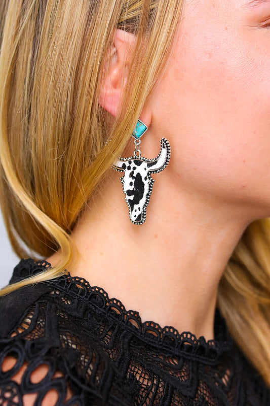 Southwestern Blk/White Cowhide & Stone Bling Dangle Earrings
