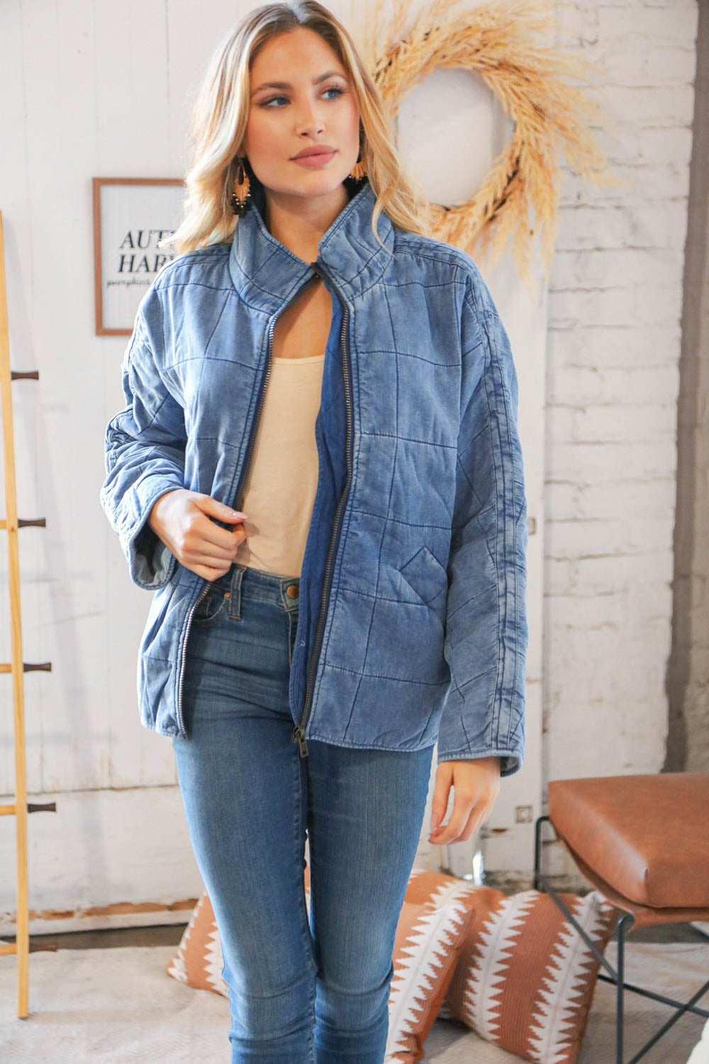 Denim Cotton Quilted Zip Up Jacket