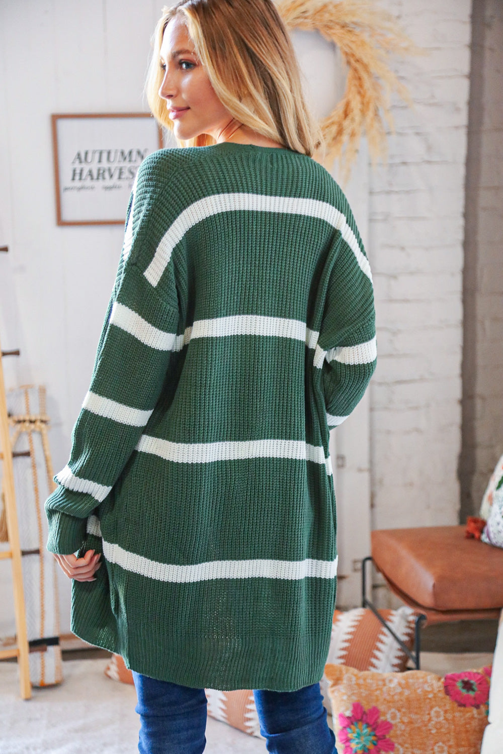 Olive Wide Stripe Long Sleeve Open Sweater Cardigan